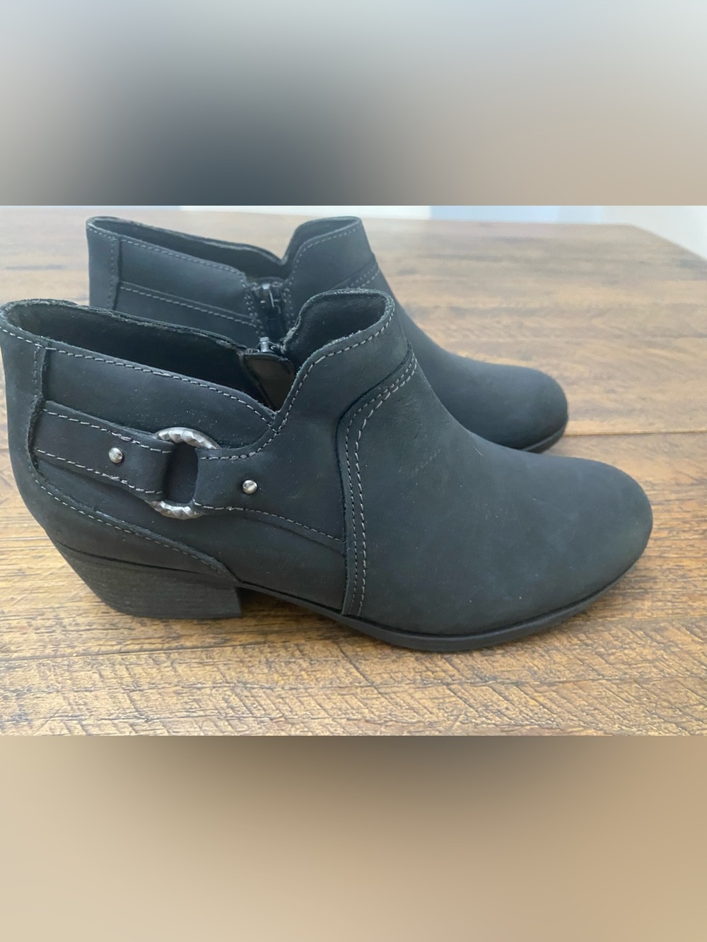 Clarks Charlten Grace Black Nubuck Ankle Booties with Decorative Buckle